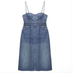 ZARA Denim Dress Bustier Studded Midi Jeans Medium Wash BRAND NEW Size XS